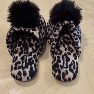 Minnie Rose Leopard Print Slippers with Black Pom Pom